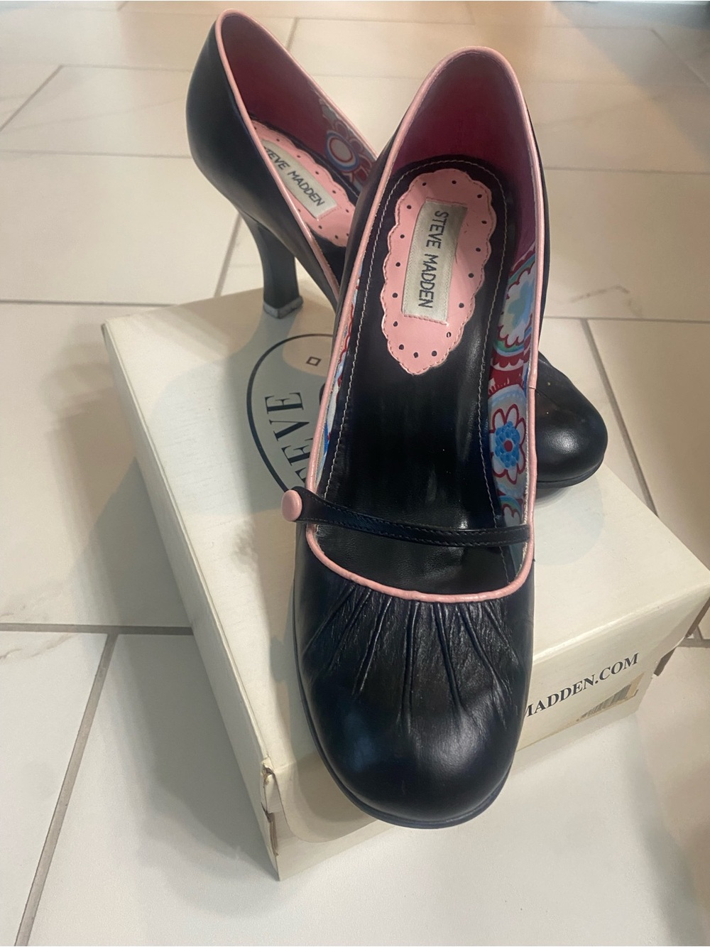 Steve Madden Black Pumps with Pink Trim and Button Detail